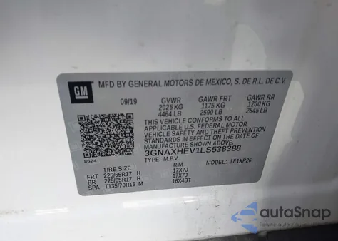 2020 Chevrolet Equinox Fwd Ls z USA, uszkodzony, nr VIN 3GNAXHEV1LS538388